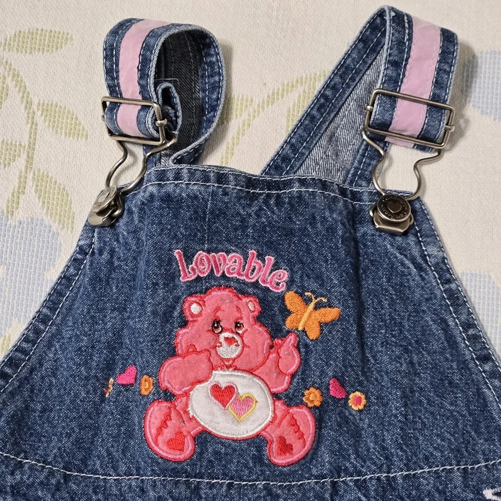 Vintage Care Bears Loveable Bear Denim Overalls Toddler 18M Felt/Embroidered Y2K